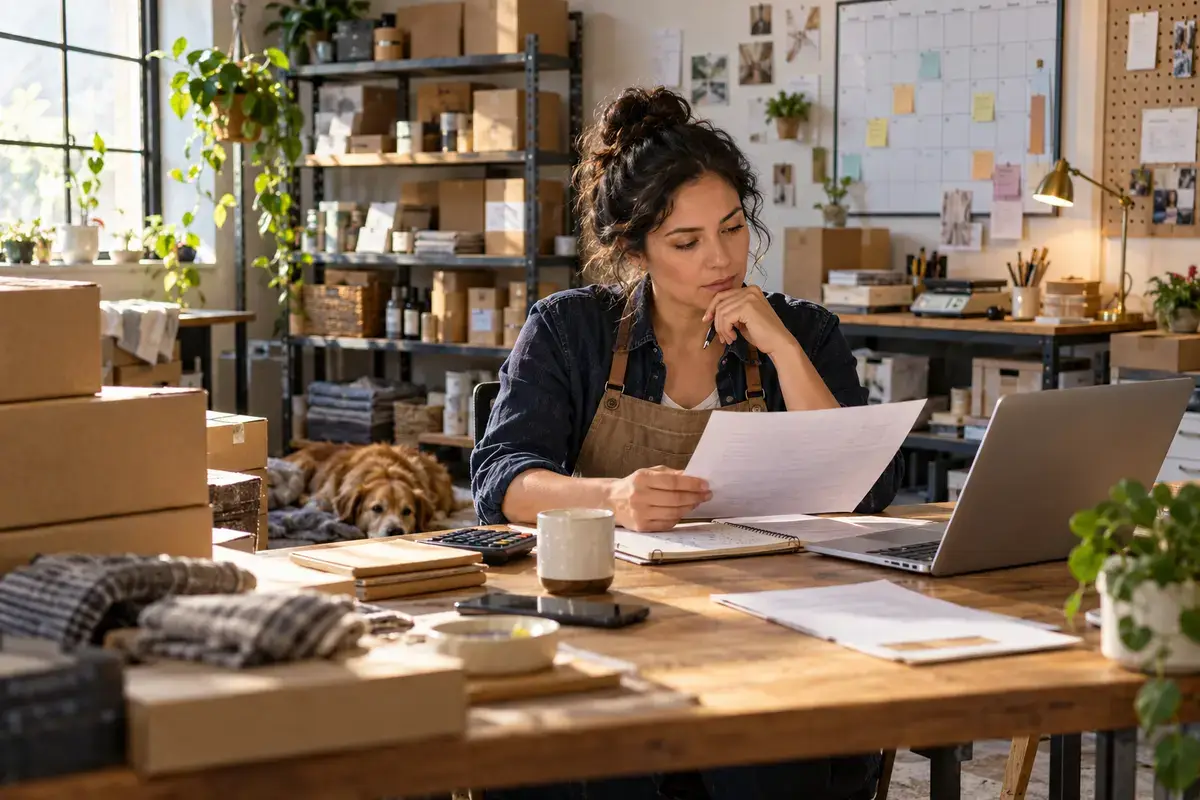 A small-business owner reviews a decision at a worktable with inventory shelves, a calendar, and business records in the background
