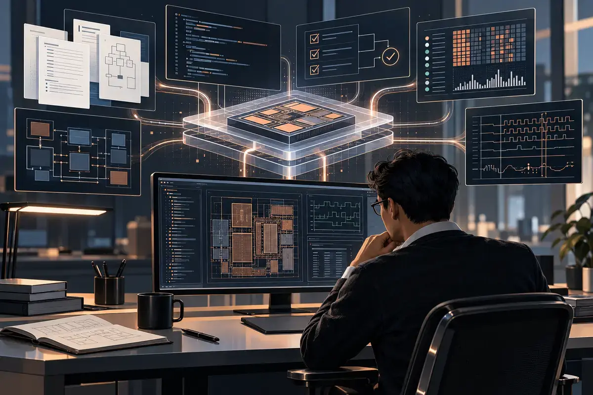 An engineer reviews chip design specifications, verification evidence, regression results, and debugging traces through a shared context layer