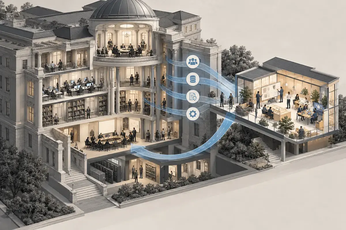 A smaller build studio sits at the edge of a larger institution, connected by visible paths for expertise, data, and governance