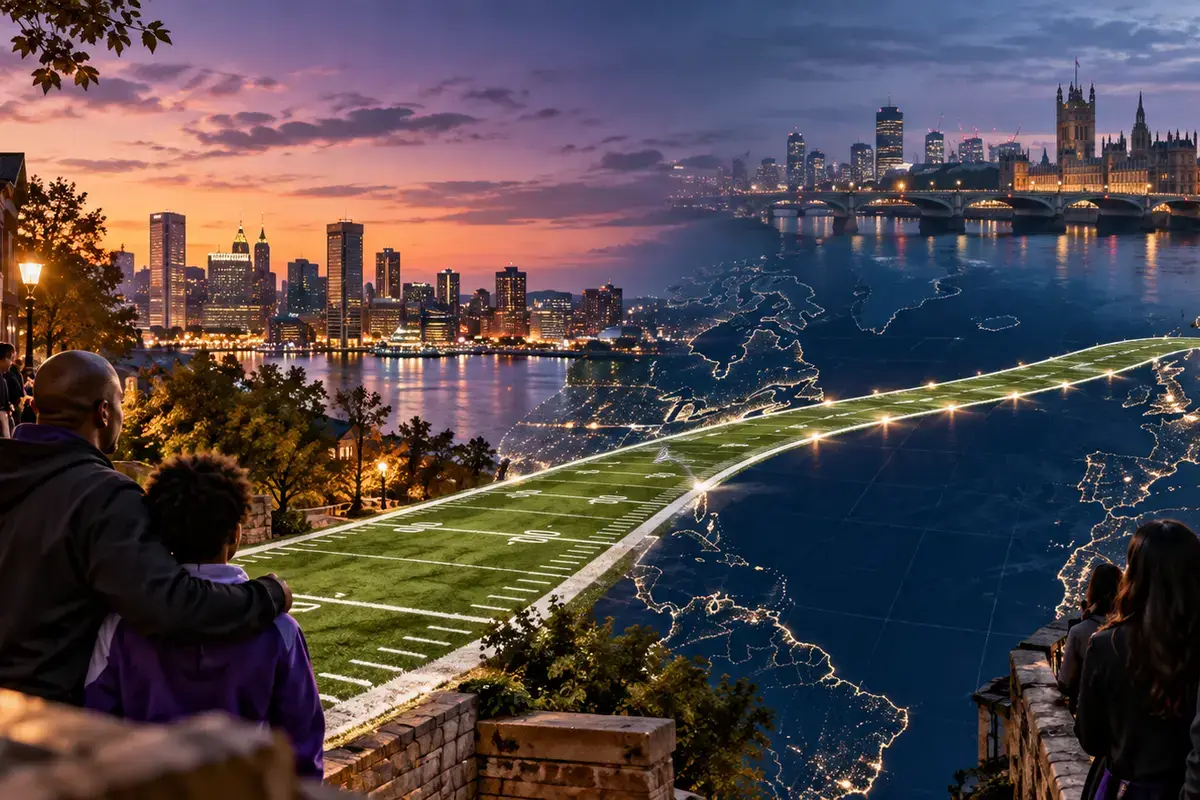 An unbranded football field line connects Baltimore supporters and city lights with London across a subtle transatlantic map