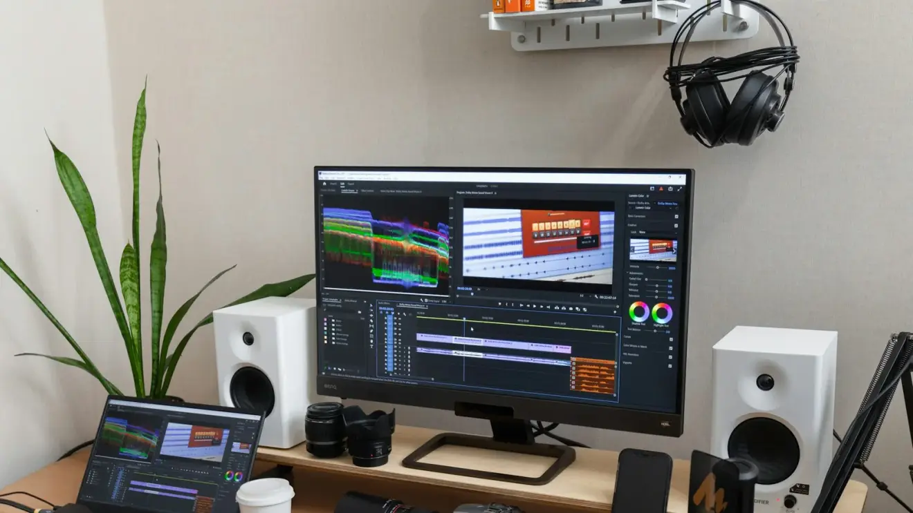 A home workstation with a laptop, monitor, speakers and headphones