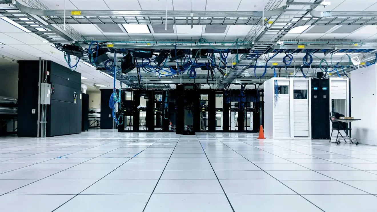 Server cabinets and overhead cabling in a data center