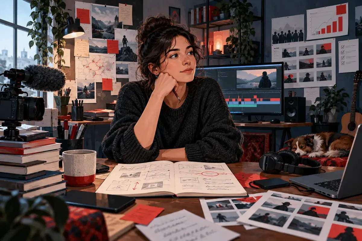An independent creator considers an unfinished video idea in a compact studio surrounded by research notes, an edit timeline, and thumbnail studies